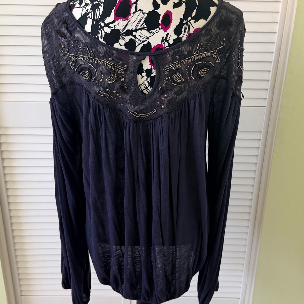 Free People Navy Long-Sleeve Embroidered Boho Top